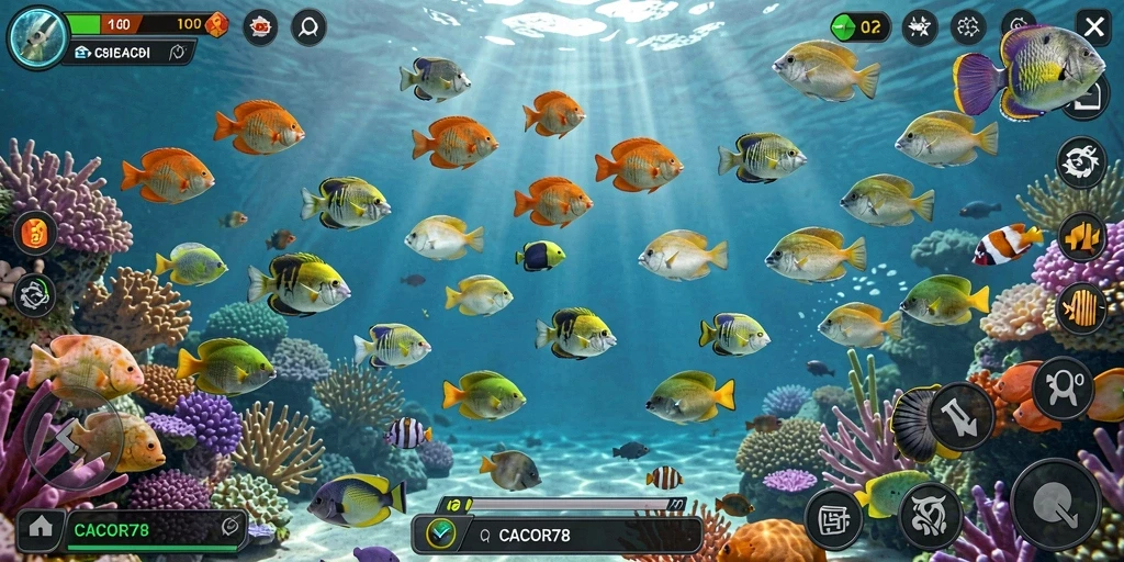 Tampilan gameplay seru dari CACOR78 dengan berbagai ikan berwarna-warni.