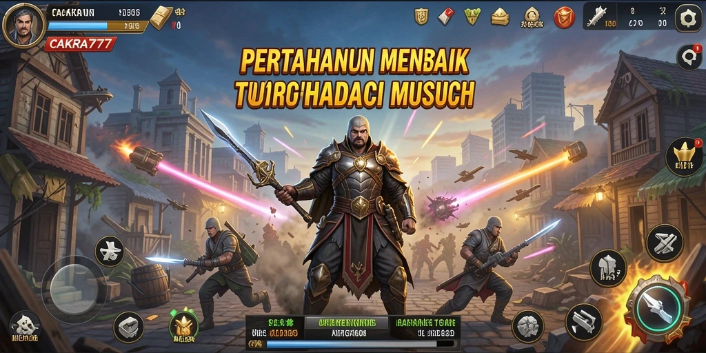 Tangkapan layar gameplay dari CAKRA777 yang menunjukkan aksi pertahanan menara.