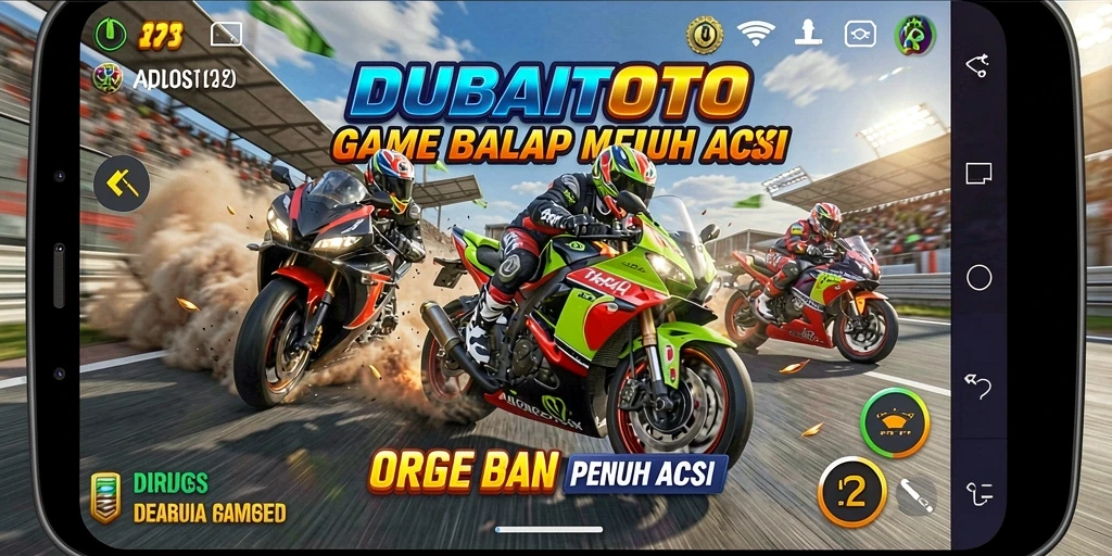 Screenshot dari gameplay DUBAITOTO yang menampilkan aksi balap motor yang mendebarkan.