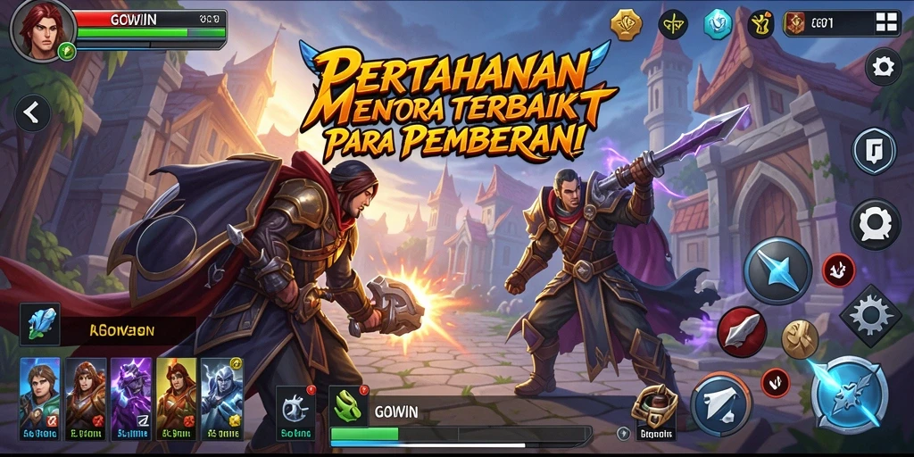 Screenshot gameplay GOWIN menampilkan menara yang strategis dan musuh yang mendebarkan.