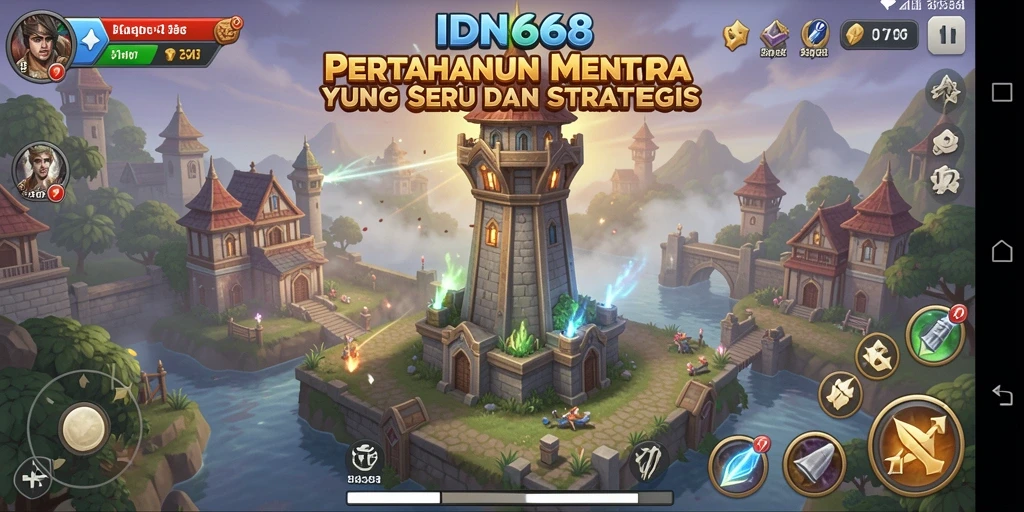 Tangkapan layar utama IDN668 menampilkan aksi pertahanan menara yang seru.