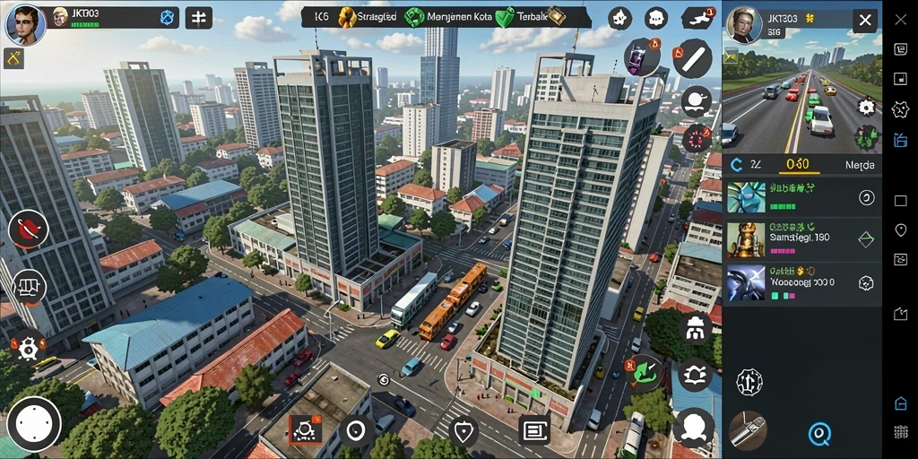 Tangkapan layar gameplay <strong>JKT303</strong> menampilkan kota yang indah dan berkembang.