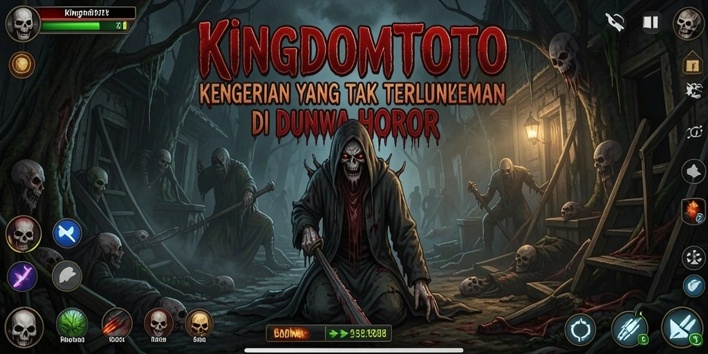 Tampilan gameplay yang mencekam dalam KINGDOMTOTO dengan suasana horor yang kuat.