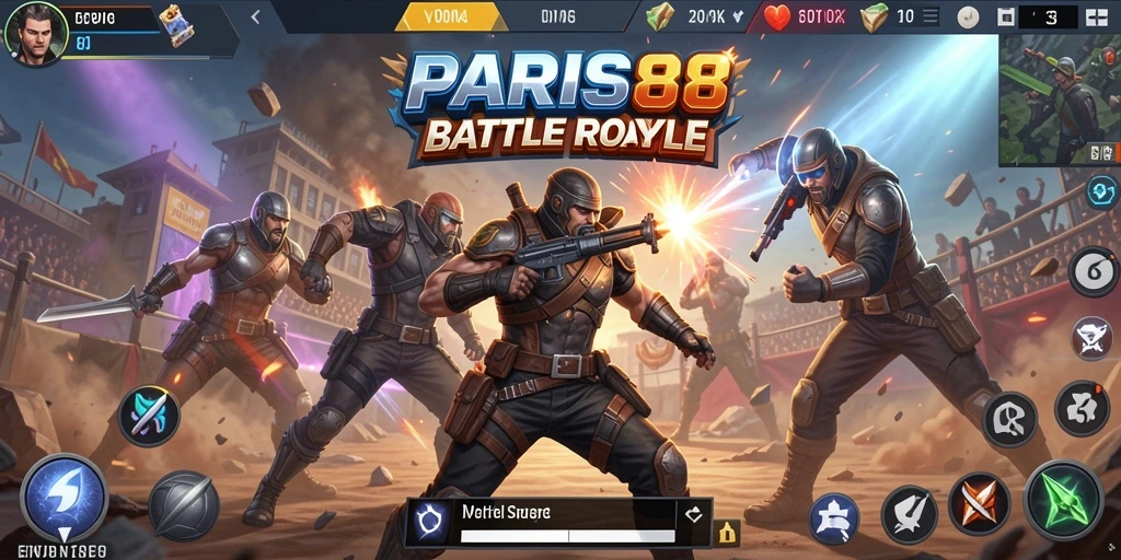 Tangkapan layar utama <strong>PARIS88</strong> menunjukkan aksi seru dalam permainan Battle Royale.